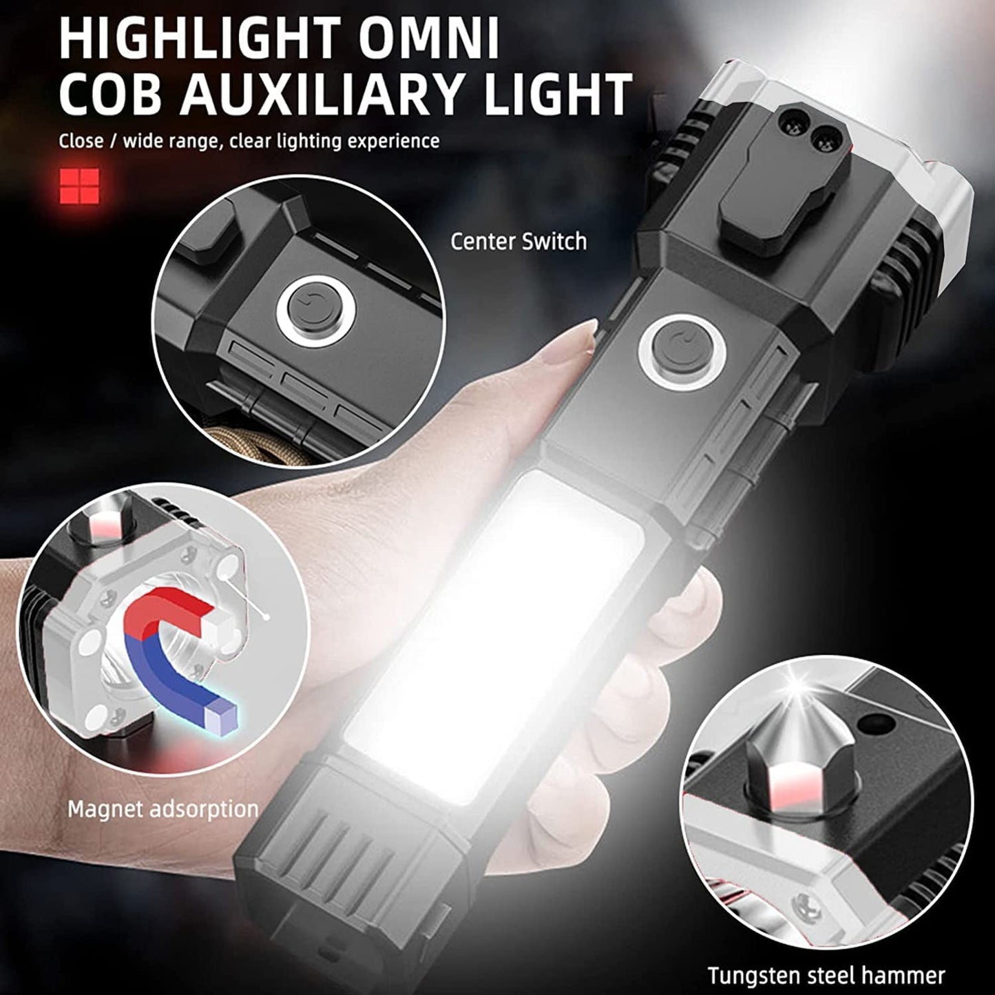 Rechargeable LED Torch with Power Bank & Emergency Hammer
