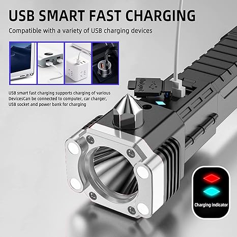 Rechargeable LED Torch with Power Bank & Emergency Hammer