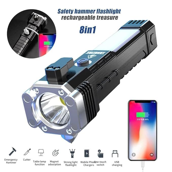 Rechargeable LED Torch with Power Bank & Emergency Hammer